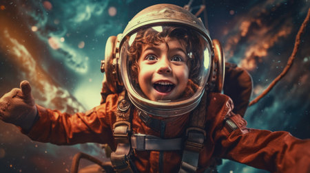 Aviator boy, excited, flying above clouds in the sky. Generative AI image weber.の素材