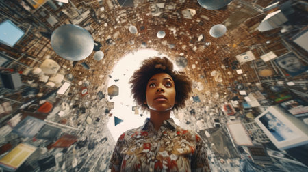 Overwhelming information data explode out of head of young human brain, too much media, too much information, maximalism, news, social media addiction. Generative AI image weber.の素材