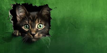 Cute Kitty peeking out of a hole in wall, torn hole, empty copy space frame, mockup. Generative AI image weber.の素材