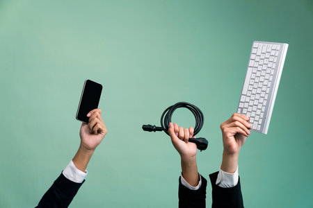 Panoramic banner hand holding electronic waste on isolated background. Eco-business recycle waste...
