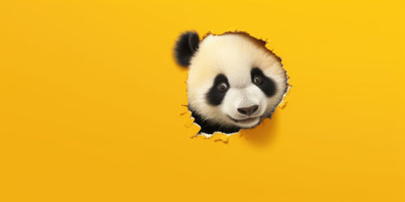 Cute Panda peeking out of a hole in wall, torn hole, empty copy space frame, mockup. Generative AI image weber.の素材