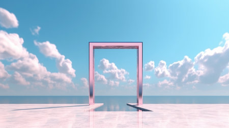 3d rendered Abstract aesthetic background. Surreal fantasy landscape. Water, pink desert, neon square shape chrome metallic gate under the blue sky with white clouds. Virtual reality wallpaperの素材