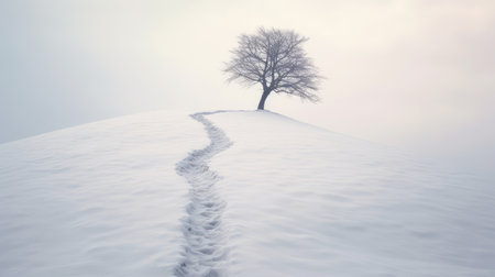 Lone lonely tree in winter snow and lake solitude, minimalist. Generative AI image weber.の素材