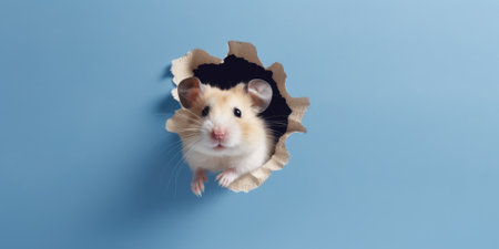Cute Hamster peeking out of a hole in wall, torn hole, empty copy space frame, mockup. Generative AI image weber.の素材