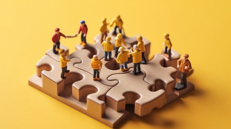 Miniature business people connecting many puzzle, top view, concept of teamwork. Generative AI image weber.の素材