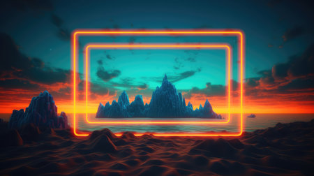 Glowing neon rectangle frame over abstract landscape. Generative AI image weber.の素材