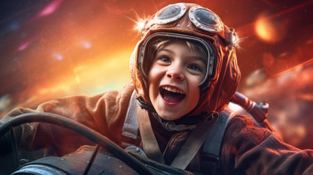 Aviator boy, excited, flying above clouds in the sky. Generative AI image weber.の素材