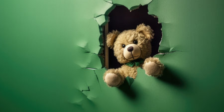 Cute Teddy Bear peeking out of a hole in wall, torn hole, empty copy space frame, mockup. Generative AI image weber.の素材