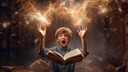 Boy excited with an opened magical book with wave of astral magical elements flowing out. Generative AI image weber.の素材