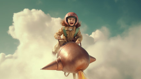 A Girl, excited, flying the rocket above clouds in the sky. Generative AI image weber.の素材
