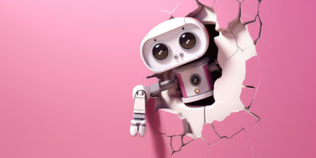 Cute robot toy peeking out of a hole in wall, torn hole, empty copy space frame, mockup. Generative AI image weber.の素材