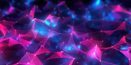 3D network connections with plexus design pink and blue neon color background wallpaper. Generative AI image weber.の素材