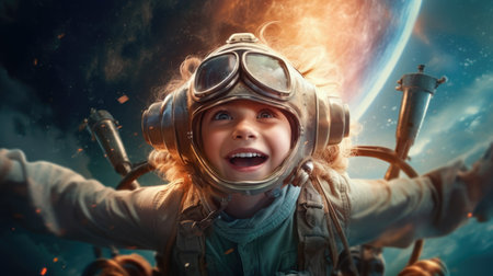 Aviator Girl, excited, flying above clouds in the sky. Generative AI image weber.の素材