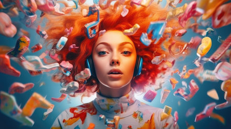 Overwhelming information data explode out of head of young human brain, too much media, too much information, maximalism, news, social media addiction. Generative AI image weber.の素材