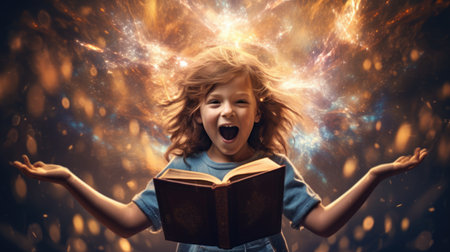Girl excited with an opened magical book with wave of astral magical elements flowing out. Generative AI image weber.の素材
