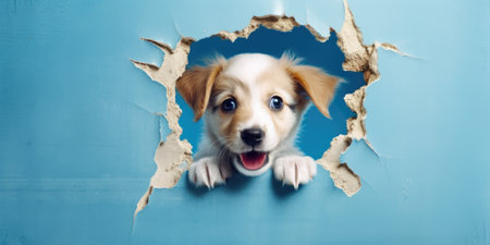 Cute Puppy peeking out of a hole in wall, torn hole, empty copy space frame, mockup. Generative AI image weber.の素材