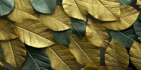 Dry Gold Green leaves Surface textured background, realism, realistic, hyper realistic. Generative AI image weber.の素材