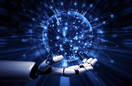 3D rendering artificial intelligence AI research of robot and cyborg development for future of people living. Digital data mining and machine learning technology design for computer brain.の写真素材