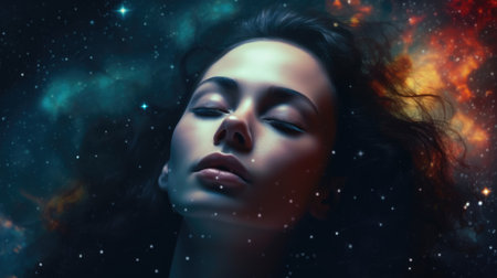 Close up portrait woman sleeping, floating outerspace with star nebula galaxy. Generative AI image weber.の素材