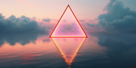 A triangle shaped empty frame neon cloud on water, in the style of vintage aesthetics. Generative AI image weber.の素材