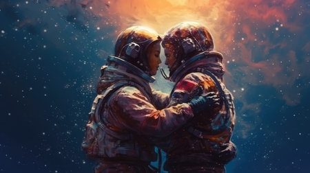 Astronaut couple holding each others hands on space sky background, imagination of love passion fantasy. Generative AI image weber.の素材