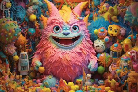 The monster on the wall is covered with candy, in the style of pop culture collages, organic sculptures, kombuchapunk, green and amber, vibrant, catcore, caninecore. Generative AI image weber.の素材