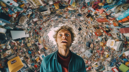 Overwhelming information data explode out of head of young human brain, too much media, too much information, maximalism, news, social media addiction. Generative AI image weber.の素材