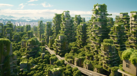 Environmental awareness city with vertical forest concept of metropolis covered with green plants. Civil architecture and natural biological life combination.Generative AI image weber.の素材