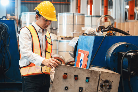 Proficient machine operator focused on operating metalwork machinery, adjusting console for safety inspection and protocols ensuring efficient operation on steel manufacturing process. Exemplifyingの写真素材