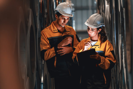 Warehouse inventory management in metalwork factory with engineer or inspector conduct storage check and quality control assessment on cylinder rolled metal for civil engineering project. Exemplifyingの写真素材