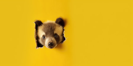Cute Bear peeking out of a hole in wall, torn hole, empty copy space frame, mockup. Generative AI image weber.の素材
