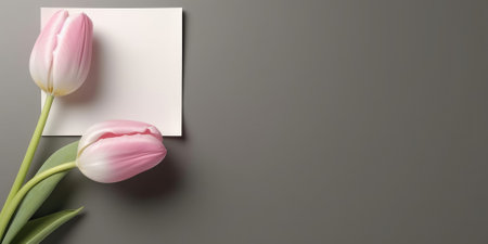 Mockup blank white paper with pink tulip, Copy space. Generative AI image weber.の素材