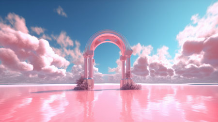 3d render Abstract aesthetic background. Surreal fantasy landscape. Water, pink desert, neon linear arch and chrome metallic gate under the blue sky with white clouds. Generative AI image weber.の素材