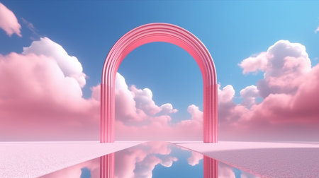 3d render Abstract aesthetic background. Surreal fantasy landscape. Water, pink desert, neon linear arch and chrome metallic gate under the blue sky with white clouds. Generative AI image weber.の素材