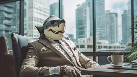 Business Shark In Suit sitting in the office. Generative AI image weber.の素材