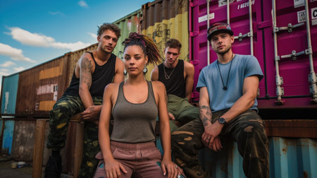 Portrait of an diversed group of young adults hanging out on urban street in summer. Generative AI imageの素材