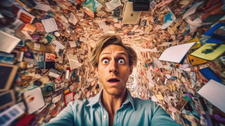 Overwhelming information data explode out of head of young human brain, too much media, too much information, maximalism, news, social media addiction. Generative AI image weber.の素材