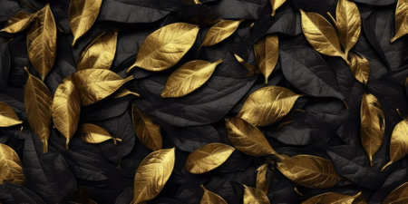 Dry Gold Black leaves Surface textured background, realism, realistic, hyper realistic. Generative AI image weber.の素材