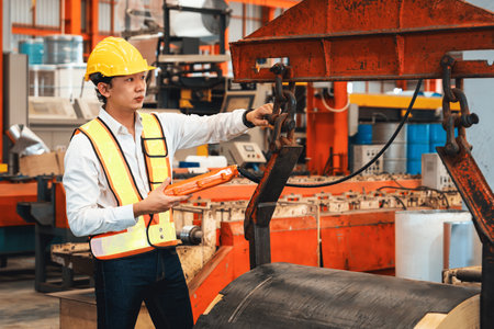 Machine operator skillfully operate steel forming machinery, making cylinder rolled steel for heavy...