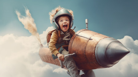 A Girl, excited, flying the rocket above clouds in the sky. Generative AI image weber.の素材