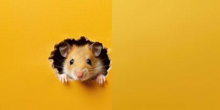 Cute Hamster peeking out of a hole in wall, torn hole, empty copy space frame, mockup. Generative AI image weber.の素材