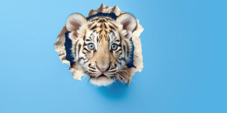 Cute Tiger peeking out of a hole in wall, torn hole, empty copy space frame, mockup. Generative AI image weber.の素材