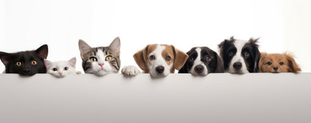 Dogs and Cats, peeking over the clear solid white top line, petshop banner, happy, smile, funny. Generative AI image weber.の素材
