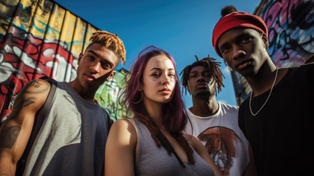 Portrait of an diversed group of young adults hanging out on urban street in summer. Generative AI imageの素材