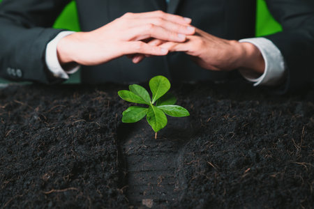 Businessman grow and nurture plant on fertilized soil concept of eco company committed to corporate social responsible, reducing CO2 emission and embrace ESG principle for sustainable future. Gyreの写真素材