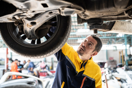 Vehicle mechanic conduct car inspection from beneath lifted vehicle. Automotive service technician in uniform carefully diagnosing and checking cars axles and undercarriage components. Oxusの写真素材
