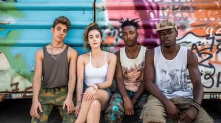 Portrait of an diversed group of young adults hanging out on urban street in summer. Generative AI imageの素材