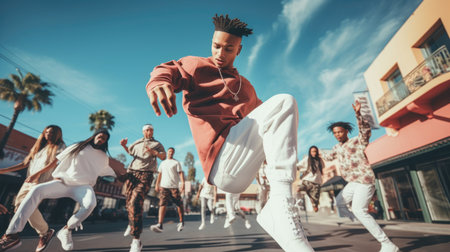 sport, street, dancing and urban culture concept - group of teenagers dancing in Paris street. Generative AI image.の素材