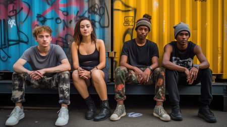 Portrait of an diversed group of young adults hanging out on urban street in summer. Generative AI imageの素材
