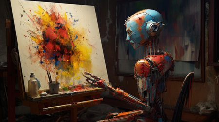 Generative AI art technology concept, robot painting picture in studio. Generative AI image.の素材